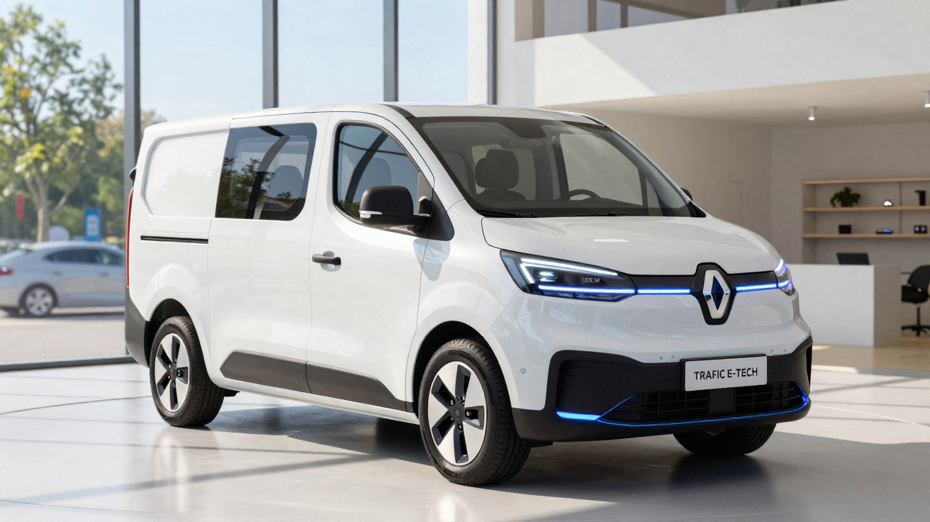 Van elétrica branca Renault Trafic E-Tech estacionada em ambiente interno moderno e iluminado