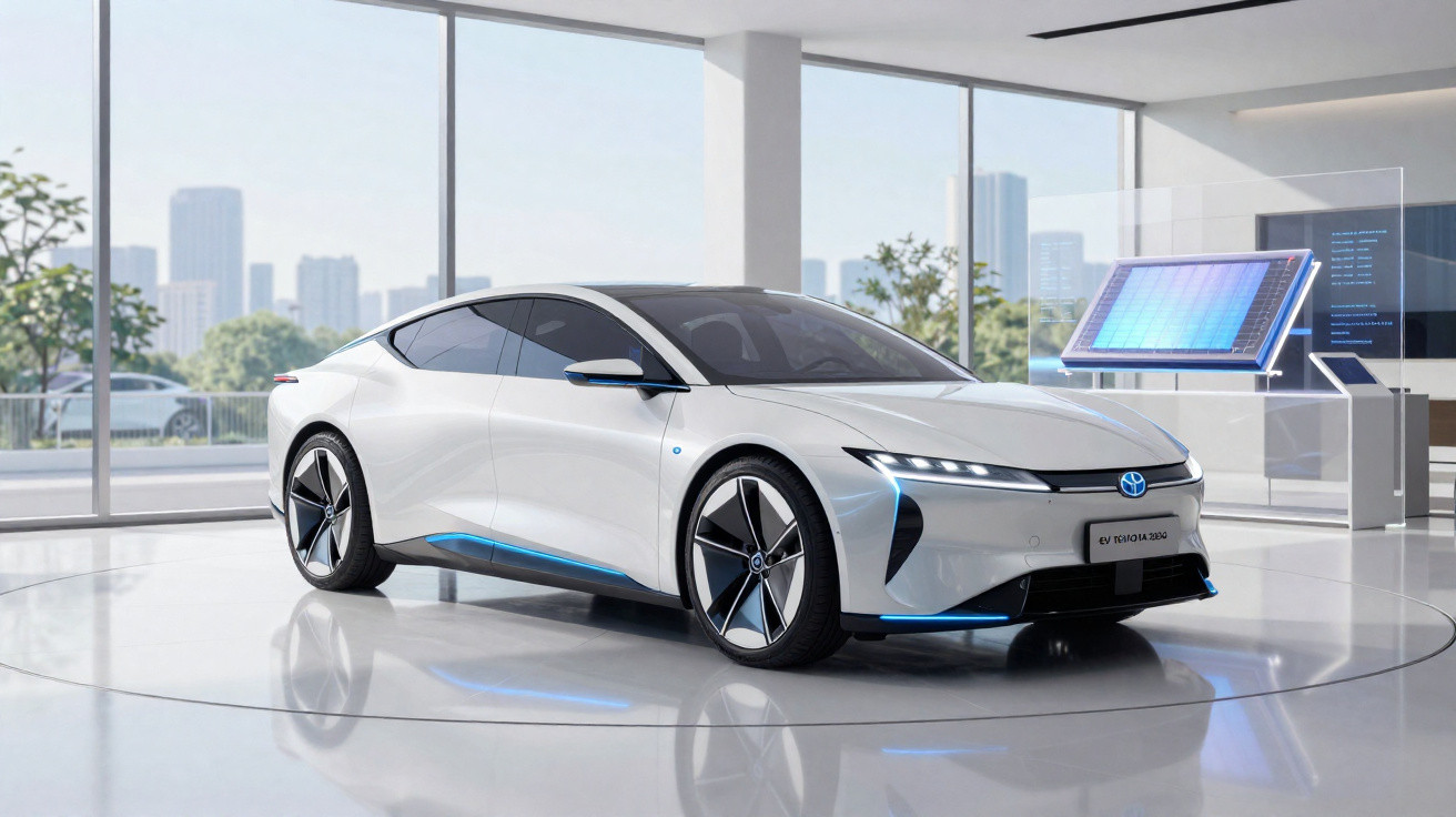 Carro elétrico branco futurista em exposição em ambiente interno com vidro e cidade ao fundo.
