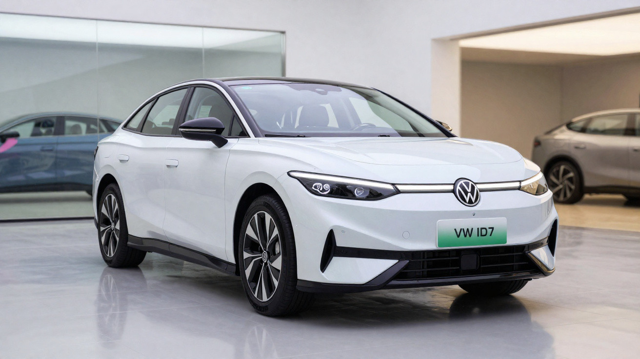 Carro elétrico Volkswagen ID.7 branco estacionado em ambiente interno moderno.