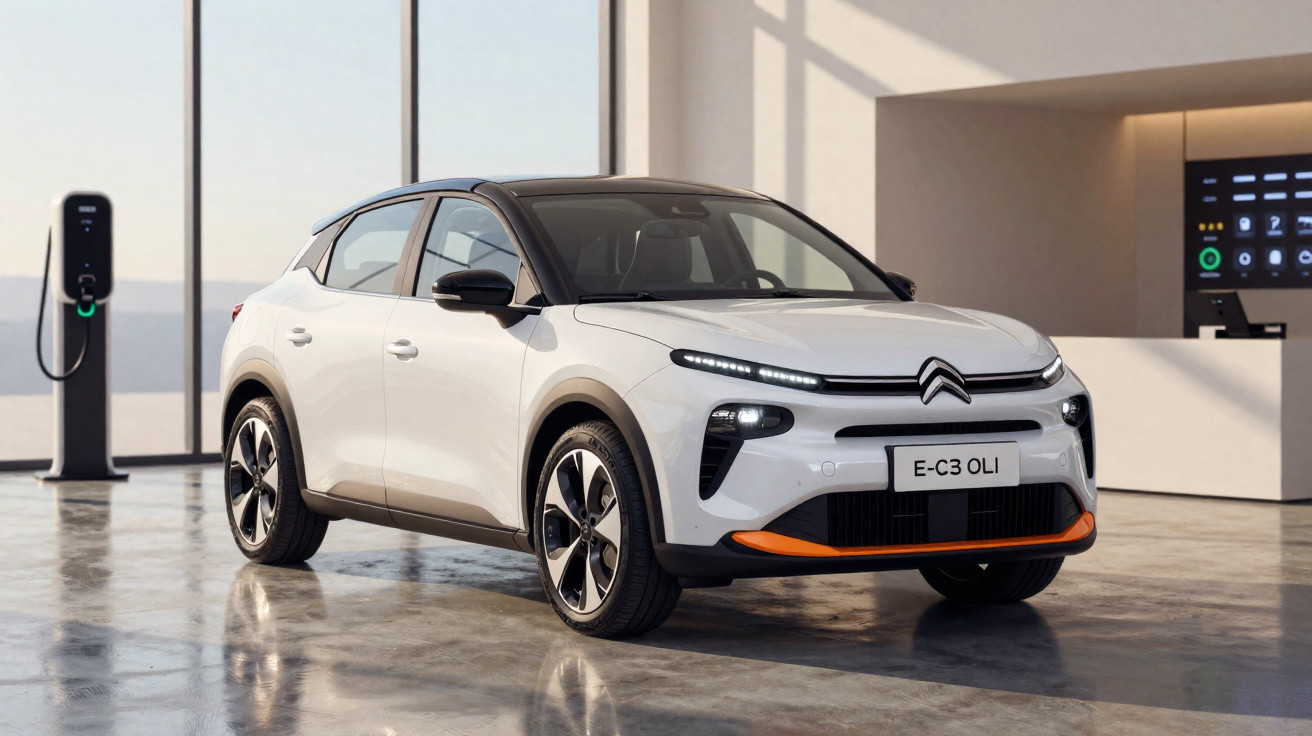 Carro elétrico Citroën E-C3 OLI branco estacionado em ambiente interno com estação de recarga ao fundo.