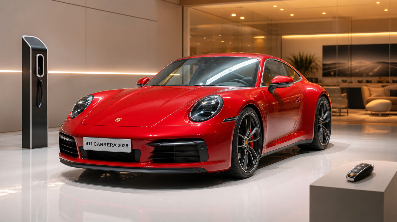 Carro esportivo Porsche 911 Carrera 2026 vermelho em showroom moderno com controle remoto e estação de carregamento.