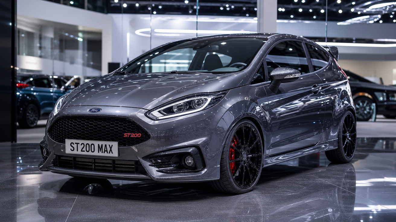 Carro esportivo cinza Ford ST200 Max estacionado em showroom moderno e iluminado.