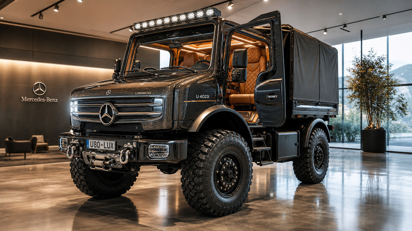 Caminhão Mercedes-Benz Unimog preto em showroom com porta aberta e interior de couro marrom.