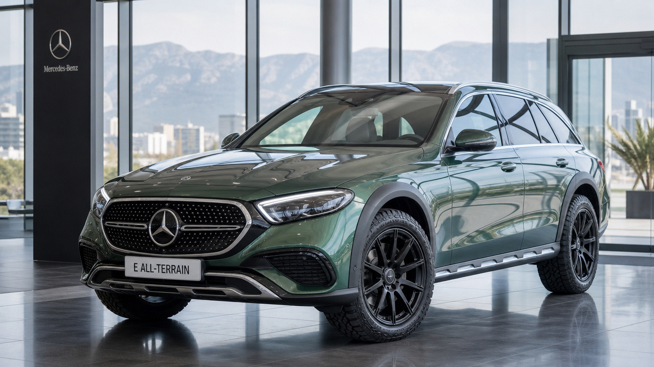 Carro Mercedes-Benz E All-Terrain verde escuro exibido em showroom com fundo de janelas e montanhas ao fundo.