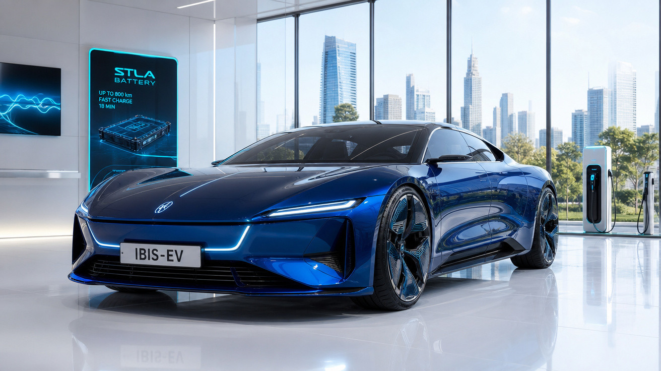 Carro elétrico azul futurista estacionado em showroom moderno com painel de bateria e cidade ao fundo.
