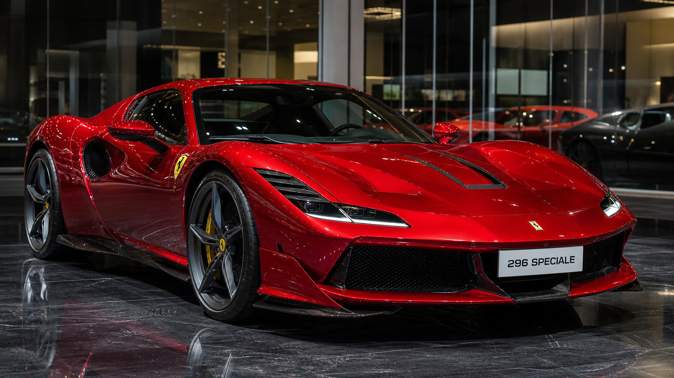 Ferrari 296 Speciale vermelha estacionada em piso preto refletivo dentro de showroom moderno.