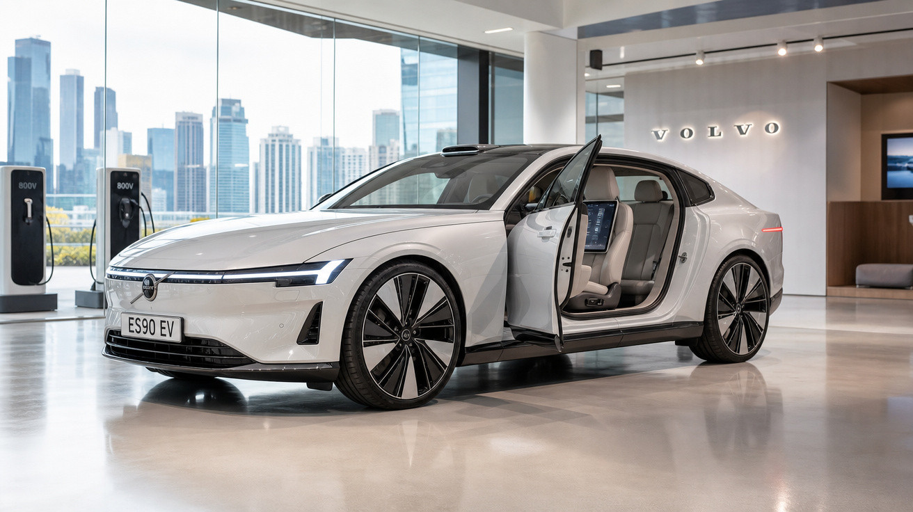 Carro elétrico Volvo ES90 EV branco com porta dianteira direita aberta em showroom moderno.