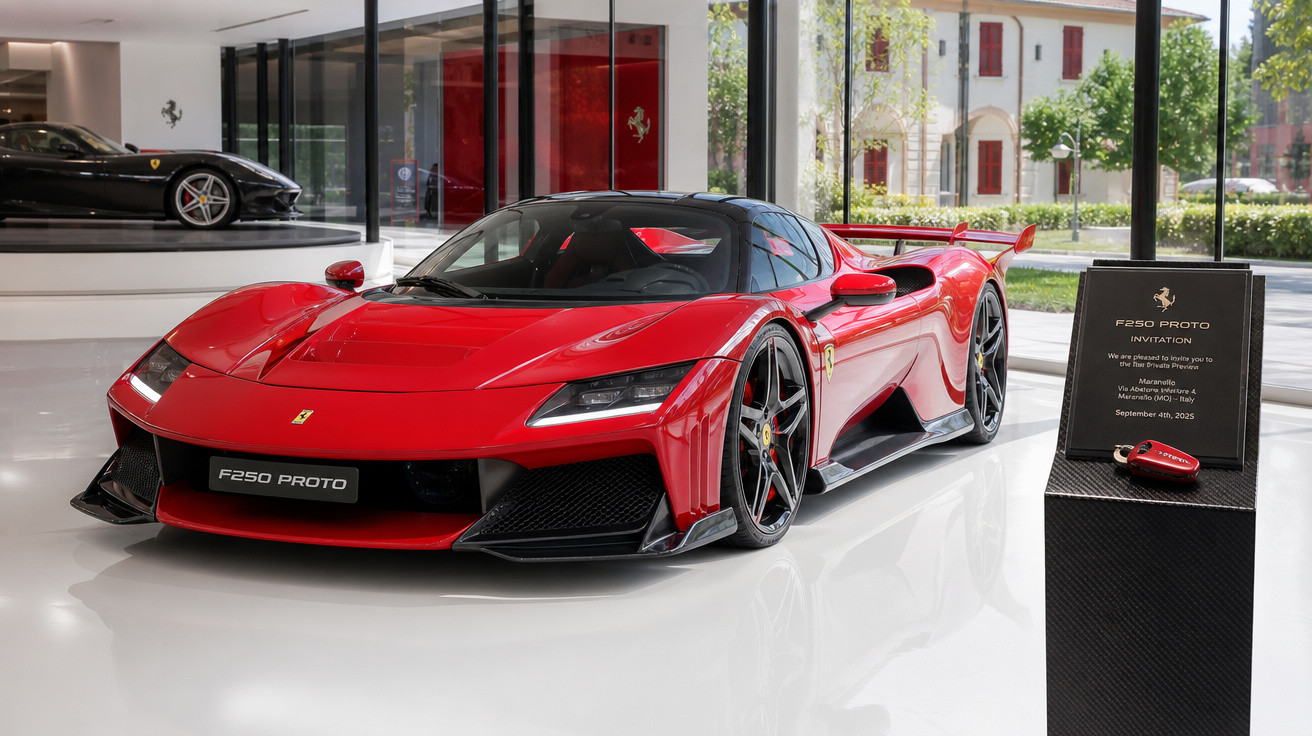 Carro esportivo vermelho Ferrari F250 Proto em showroom moderno com placa e convite ao lado.
