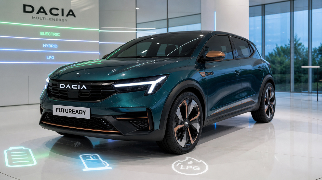 Carro elétrico Dacia Futureaby verde em exposição, com luzes de LED e opção multienergia.