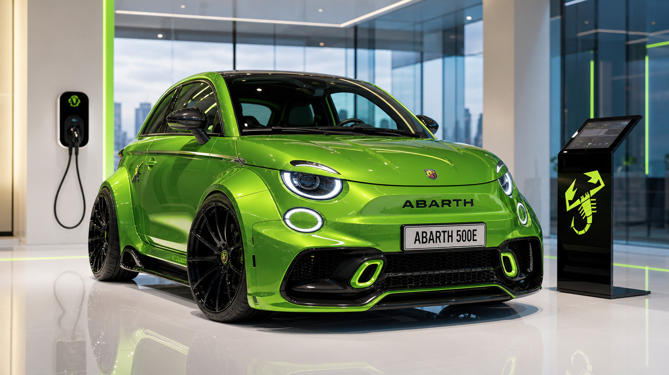 Carro elétrico esportivo Abarth 500E verde em showroom moderno com carregador ao fundo.