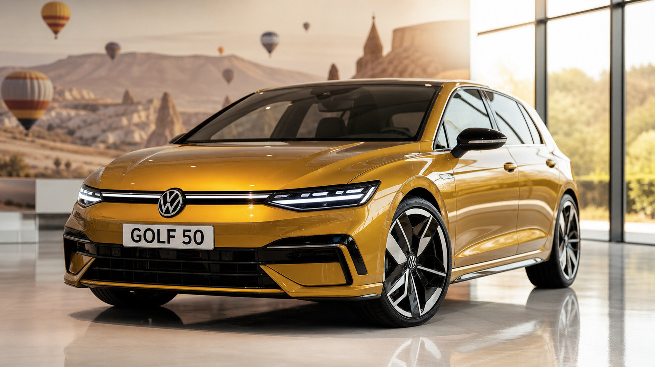 Carro Volkswagen Golf 50 amarelo exibido em ambiente interno com janelas e balões de ar quente ao fundo.