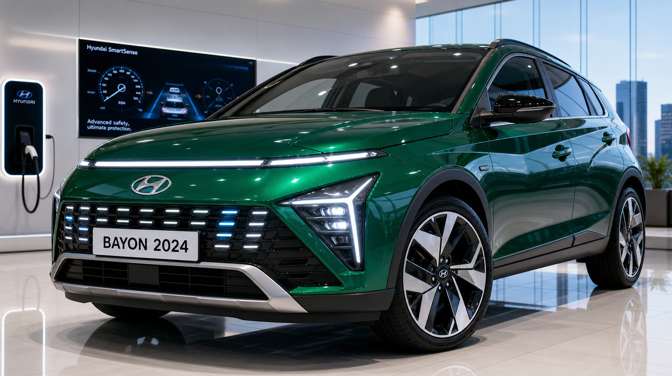 Carro Hyundai Bayon 2024 verde em showroom moderno com luzes acesas e parede de vidro ao fundo.