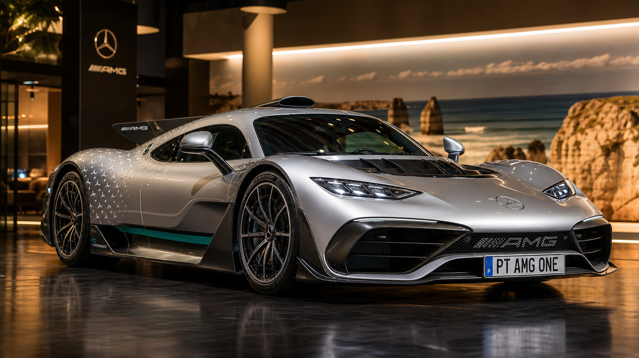 Carro esportivo Mercedes-AMG prata em showroom sofisticado com detalhes de design aerodinâmico e placas PT AMG ONE.
