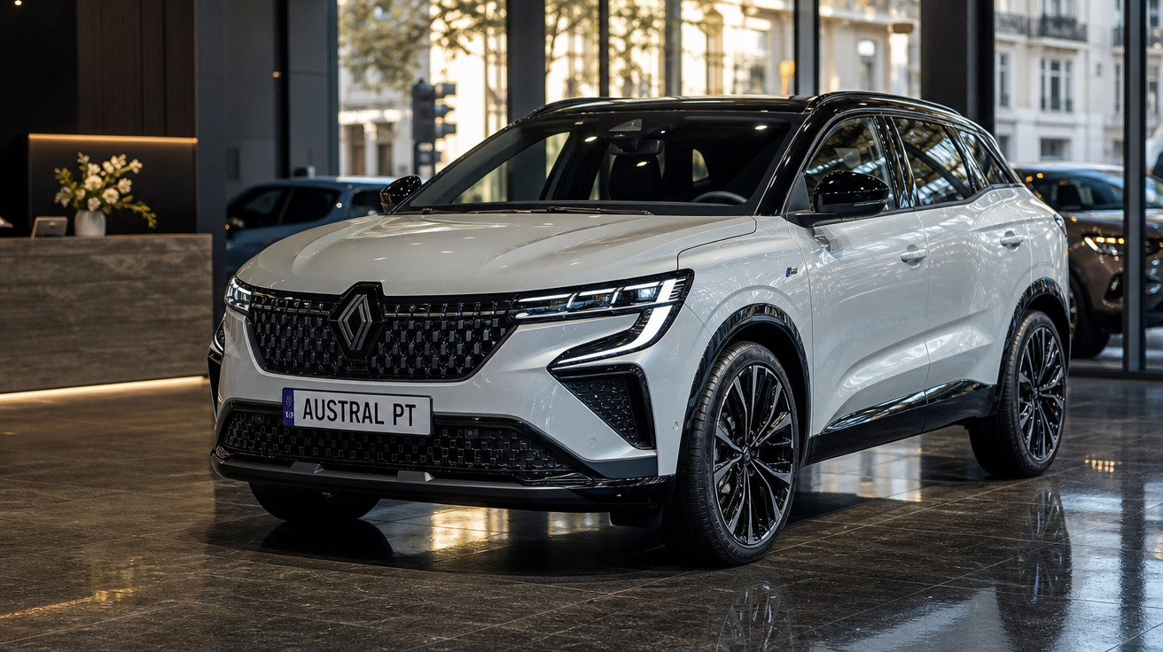 SUV branco da Renault modelo Austral PT estacionado em salão moderno com piso brilhante.