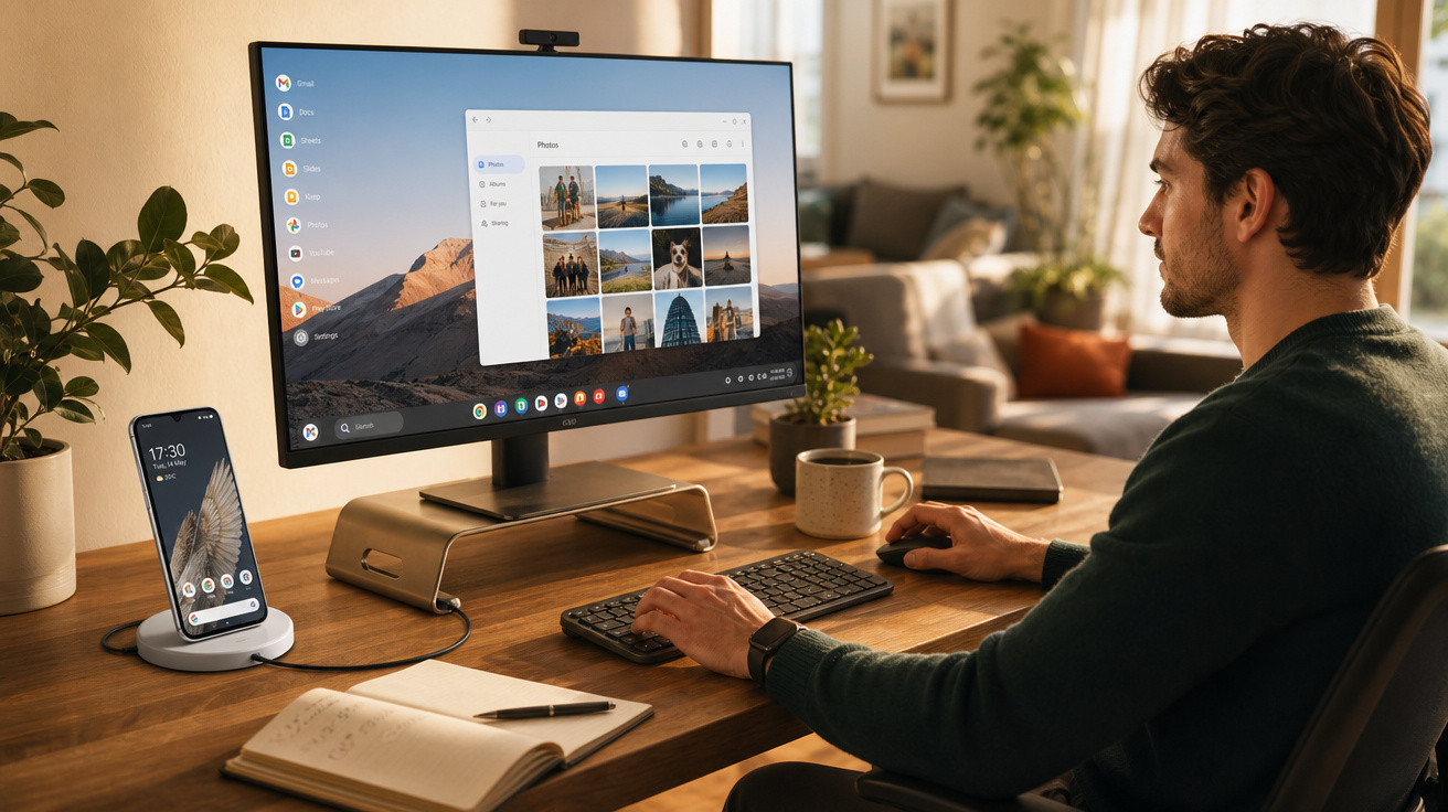 Homem usando computador com monitor grande em ambiente iluminado de escritório doméstico.