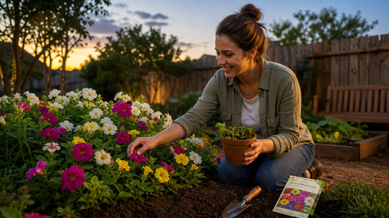 Mulher sorridente cuidando de flores coloridas em jardim ao entardecer, segurando vaso pequeno.