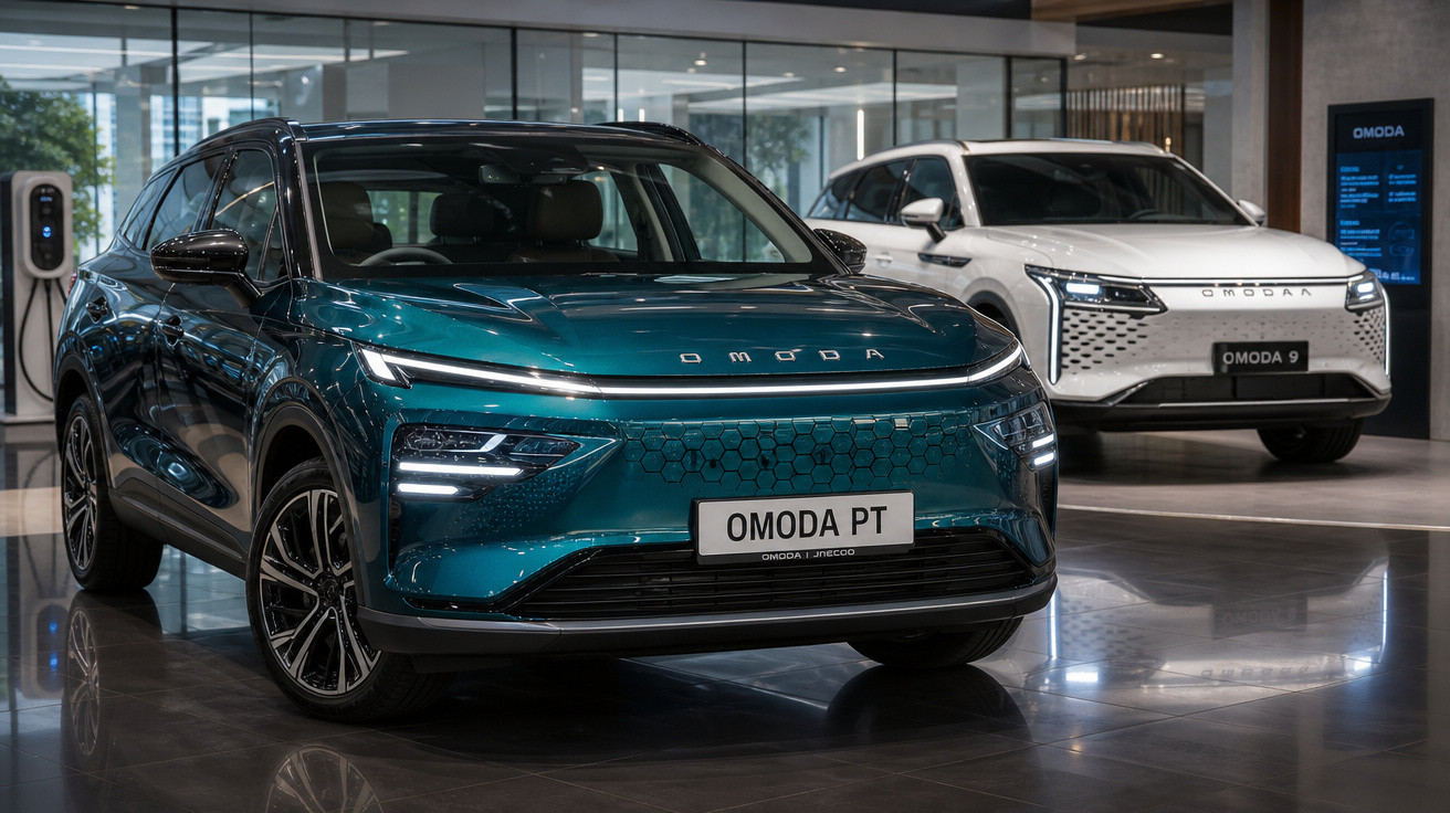 Dois carros elétricos Omoda, um azul em destaque e outro branco ao fundo, em showroom moderno.