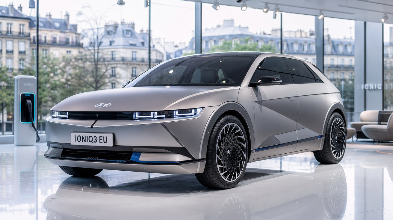 Carro elétrico Hyundai IONIQ 3 prata exibido em showroom moderno com estação de carregamento ao fundo.