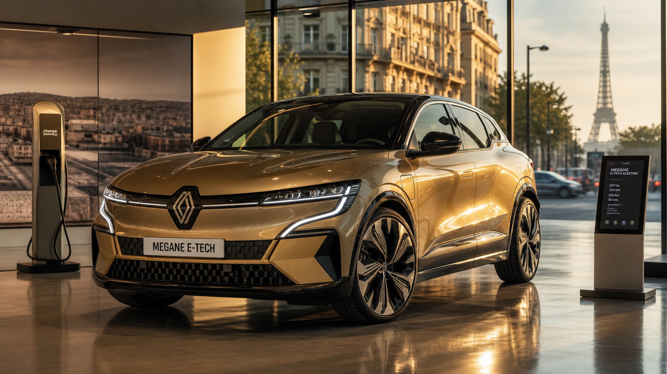 Carro elétrico Renault Megane E-Tech dourado em showroom com Torre Eiffel ao fundo.