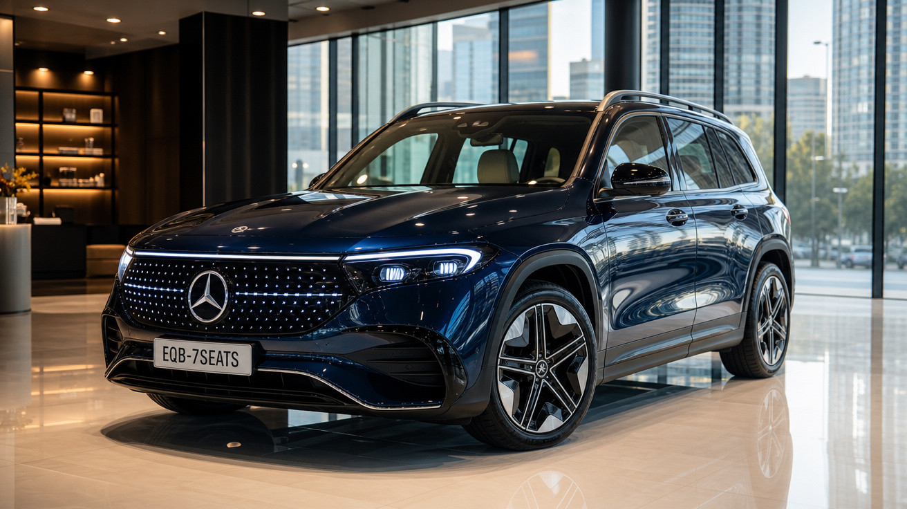 Mercedes-Benz EQB 7 lugares azul escuro em showroom com paredes de vidro e edifícios ao fundo.