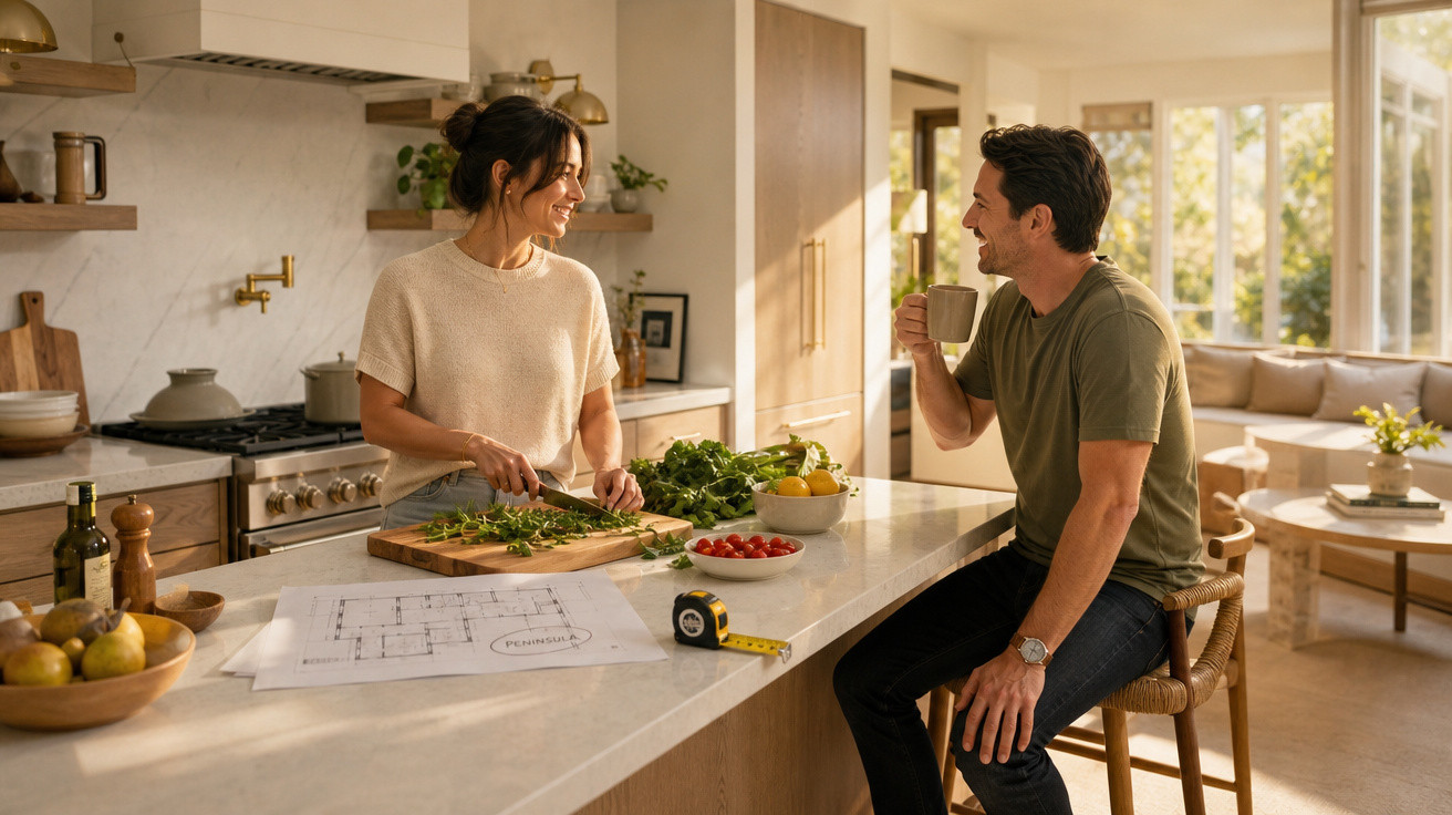 Casal sorrindo conversando na cozinha enquanto a mulher corta ervas na bancada.