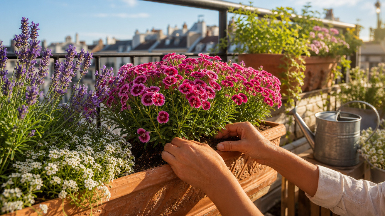 Mãos cuidando de flores coloridas em floreira de terraço com regador ao lado em dia ensolarado.