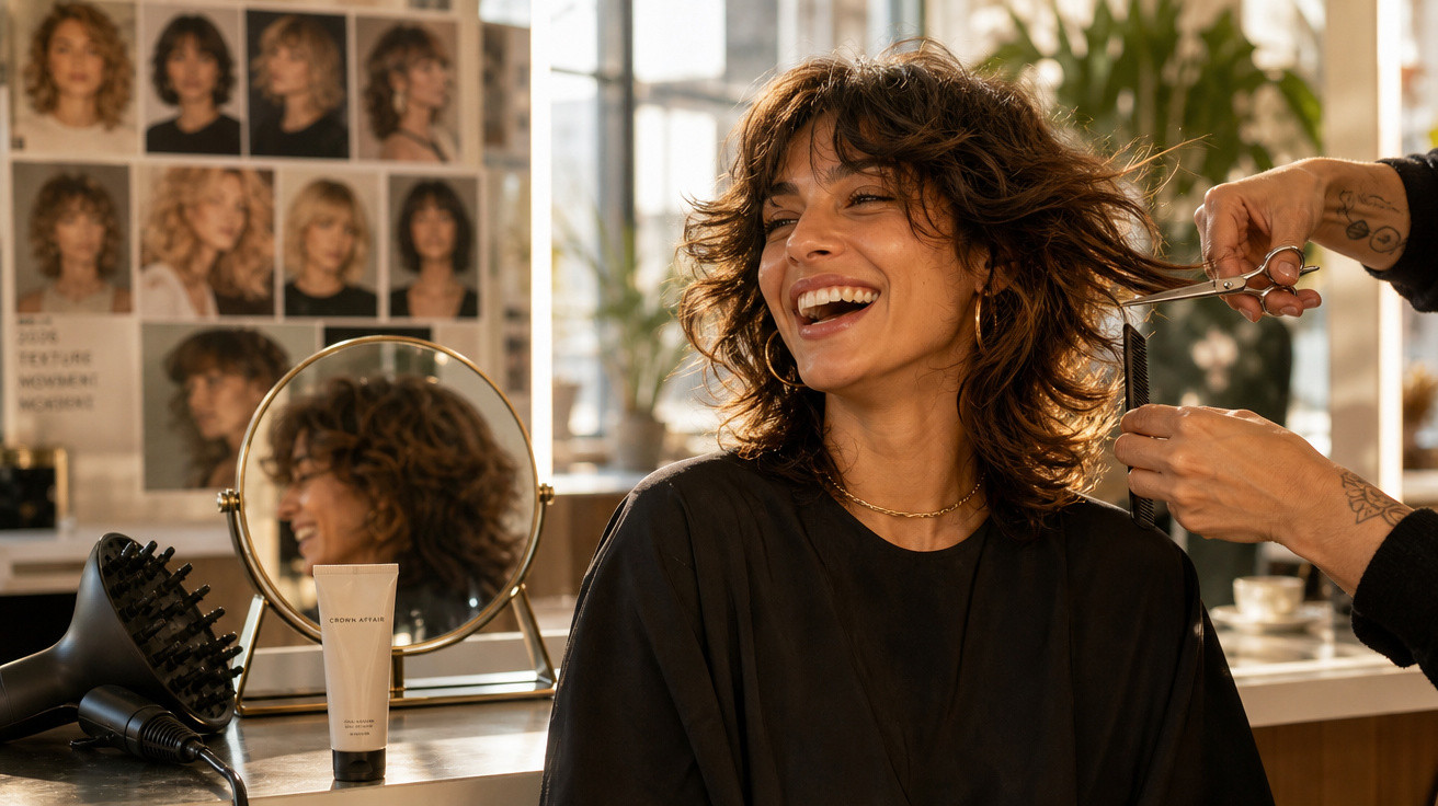 Mulher sorridente recebendo corte de cabelo em salão moderno com espelho e produtos ao fundo.