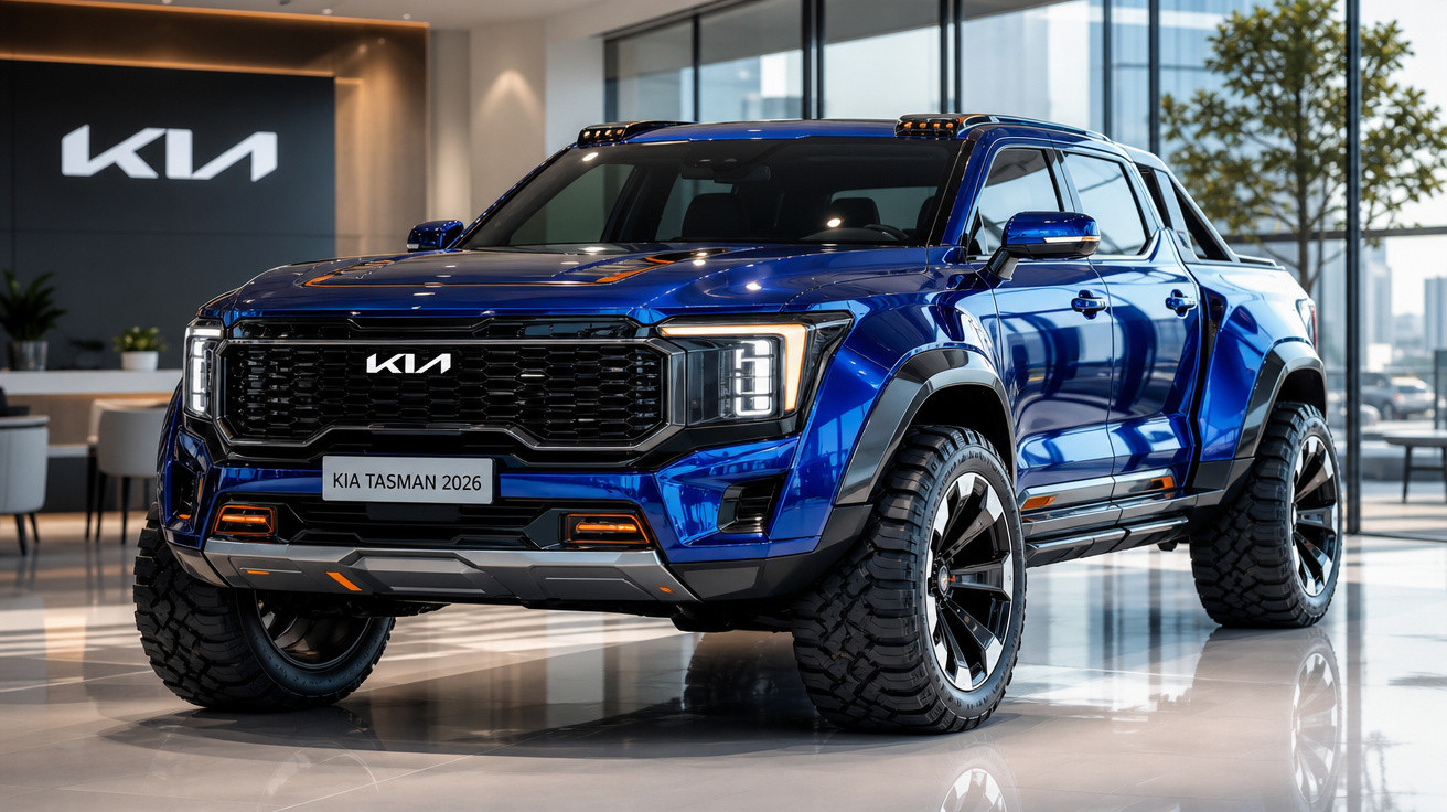 Picape azul Kia Tasman 2026 em exposição em showroom moderno e iluminado.