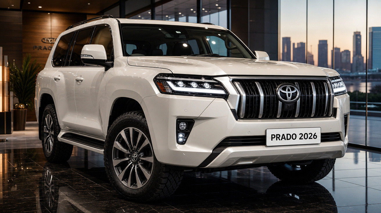 SUV Toyota Prado 2026 branco exibido em showroom com iluminação ambiente e vista urbana ao fundo.