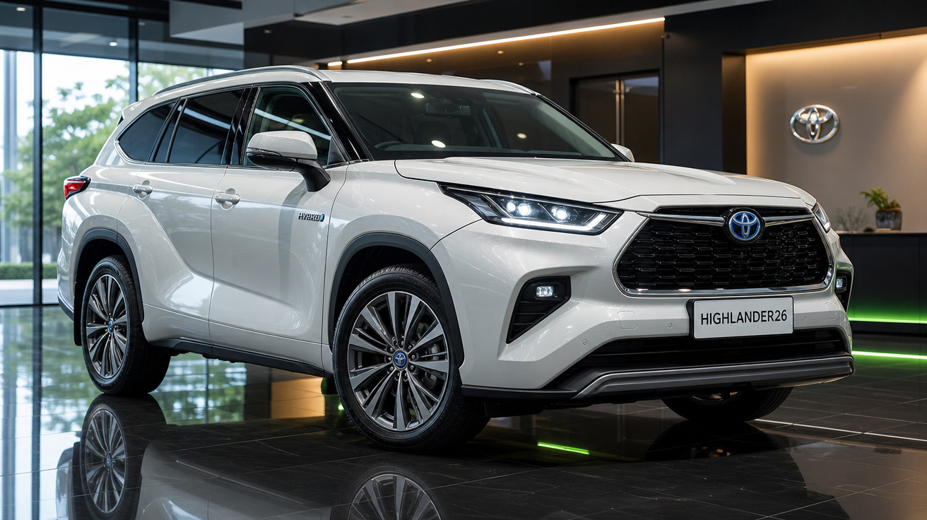 Carro Toyota Highlander branco híbrido em showroom com piso refletivo e iluminação moderna.