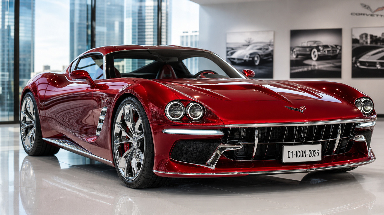 Carro esportivo vermelho moderno com rodas cromadas em exposição interna com fotos de carros atrás.