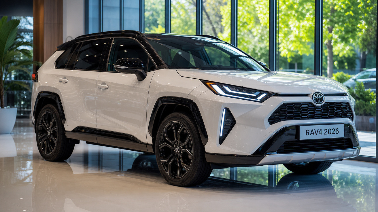 Toyota RAV4 2026 branco com teto preto exibido em showroom moderno com paredes de vidro.
