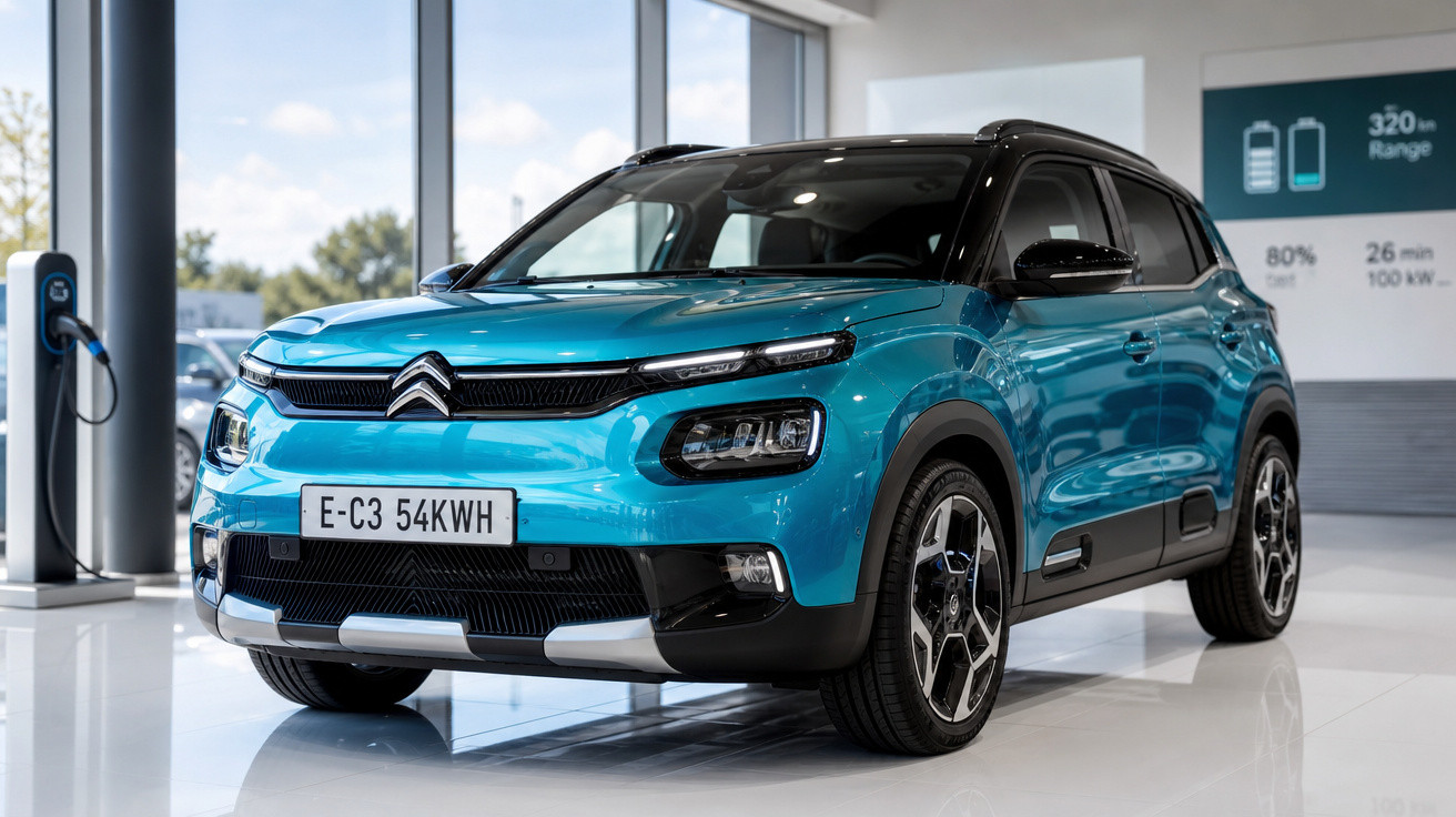 Carro elétrico Citroën E-C3 azul exposto em showroom moderno com tomada de recarga ao lado.
