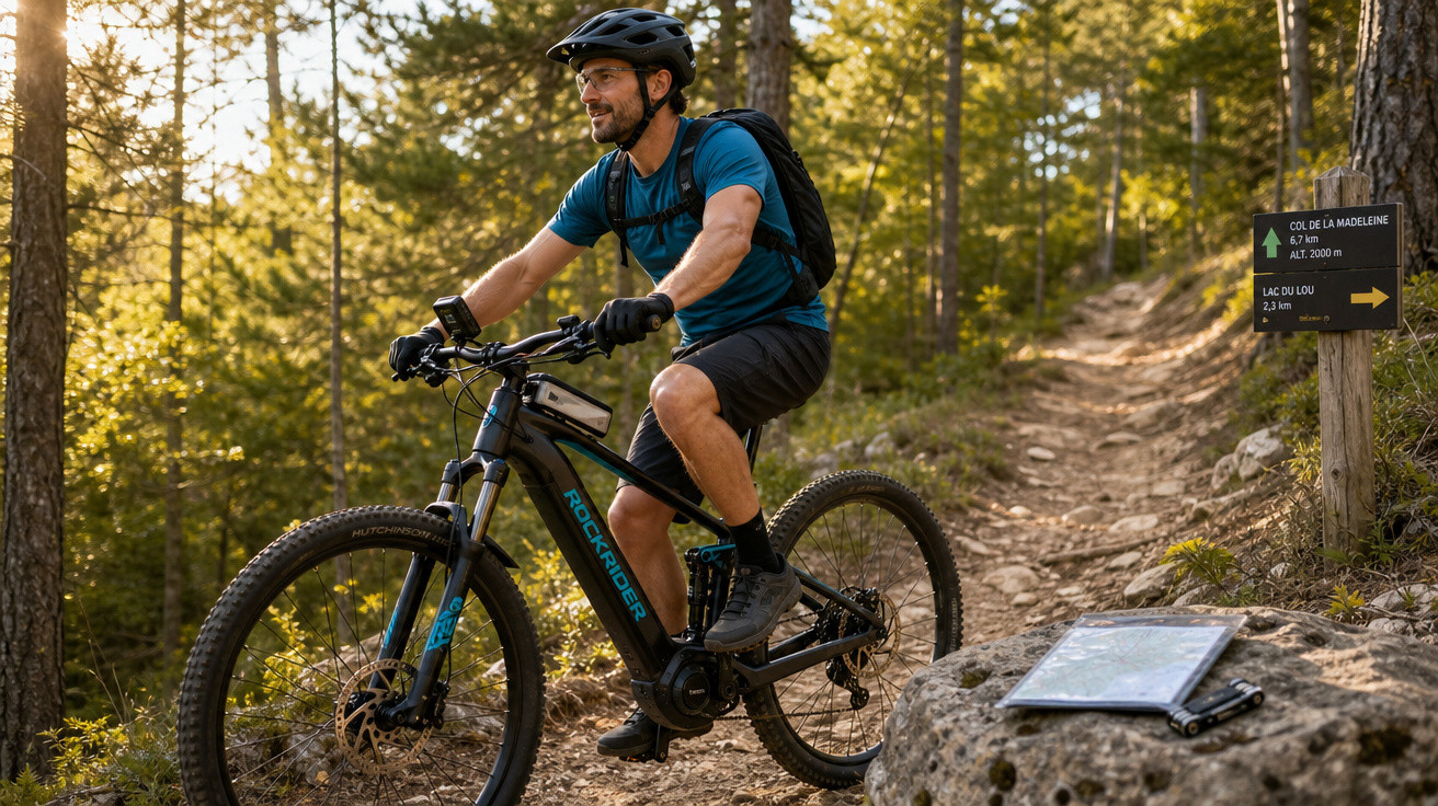 Homem com capacete e mochila andando de bicicleta elétrica por trilha em floresta ao entardecer.