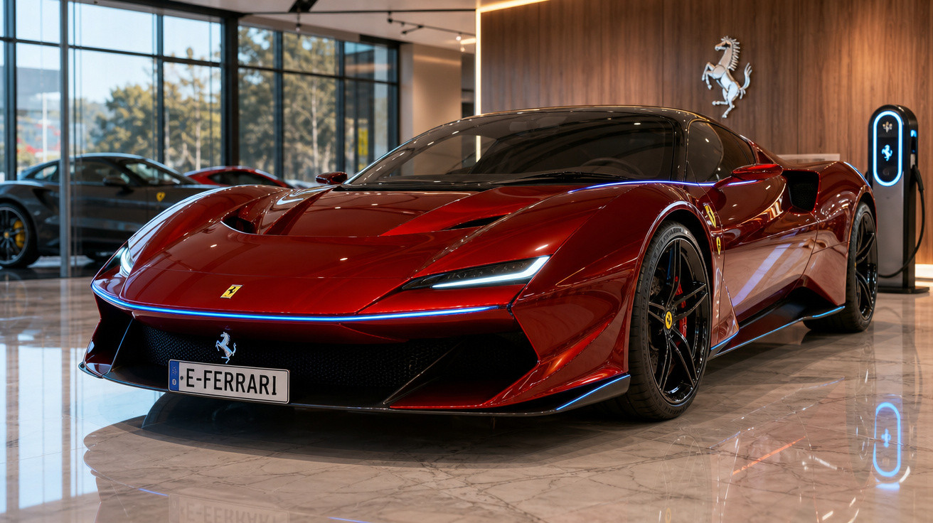 Carro esportivo vermelho Ferrari elétrico estacionado em showroom moderno com chão de mármore.