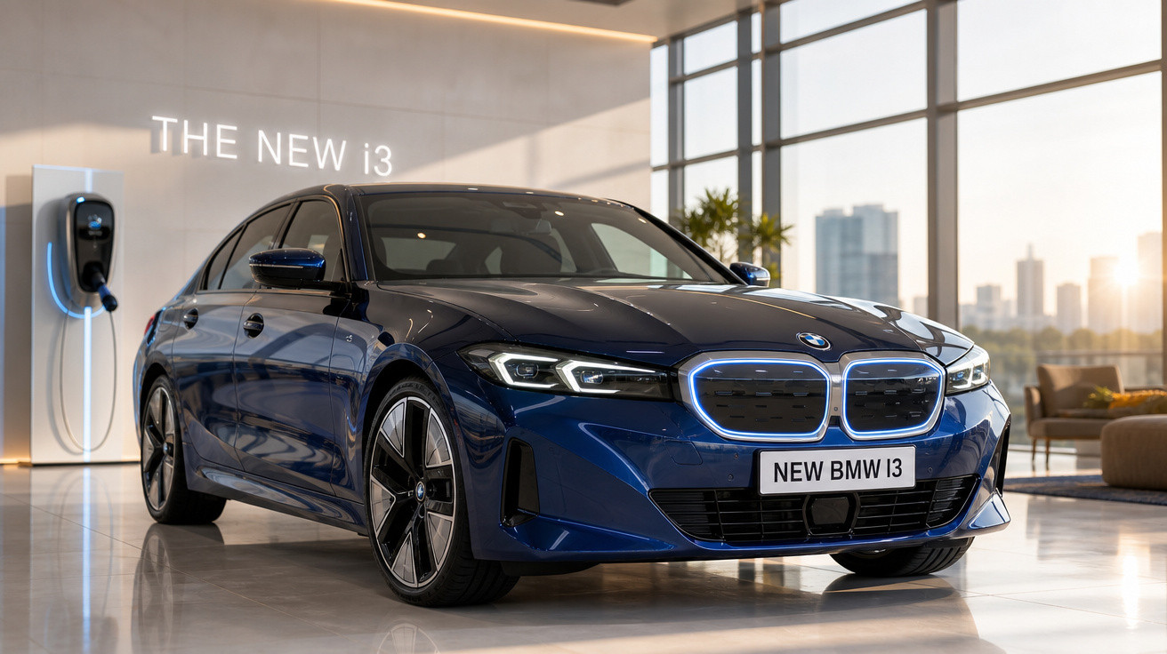 Carro BMW i3 azul elétrico em exposição, com carregador na parede e ambiente moderno ao fundo.