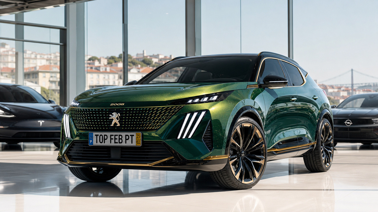 Carro SUV verde metálico Peugeot 2008 em showroom moderno com grandes janelas de vidro.