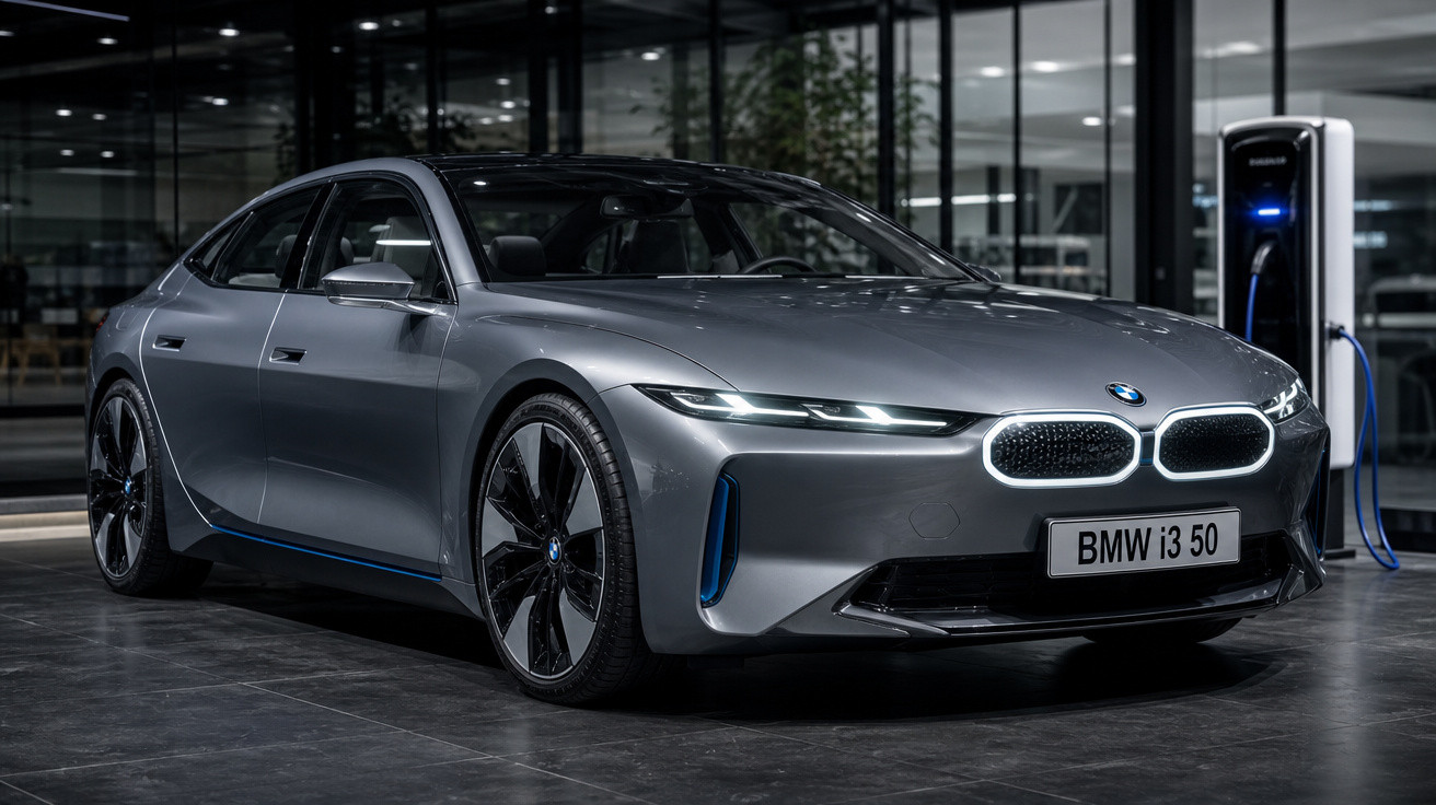 Carro elétrico BMW i3 50 cinza estacionado em frente a estação de recarga em showroom moderno.
