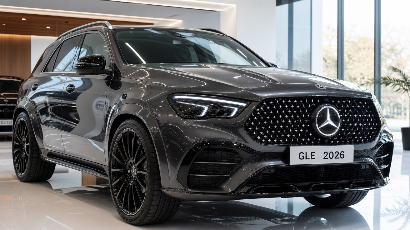 SUV Mercedes-Benz GLE 2026 preto exibido em showroom moderno com teto de vidro e luz natural.