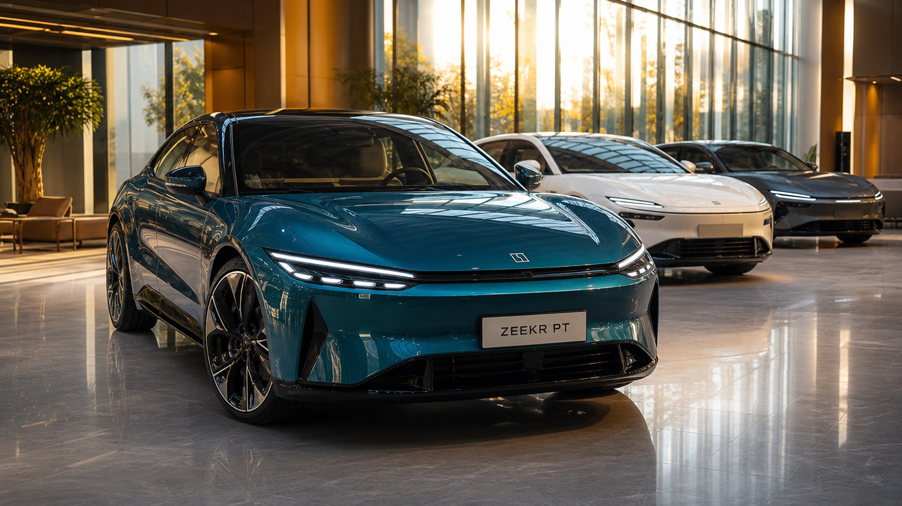 Carros elétricos Zeekr PT expostos em showroom com janelas grandes ao fundo e iluminação natural.