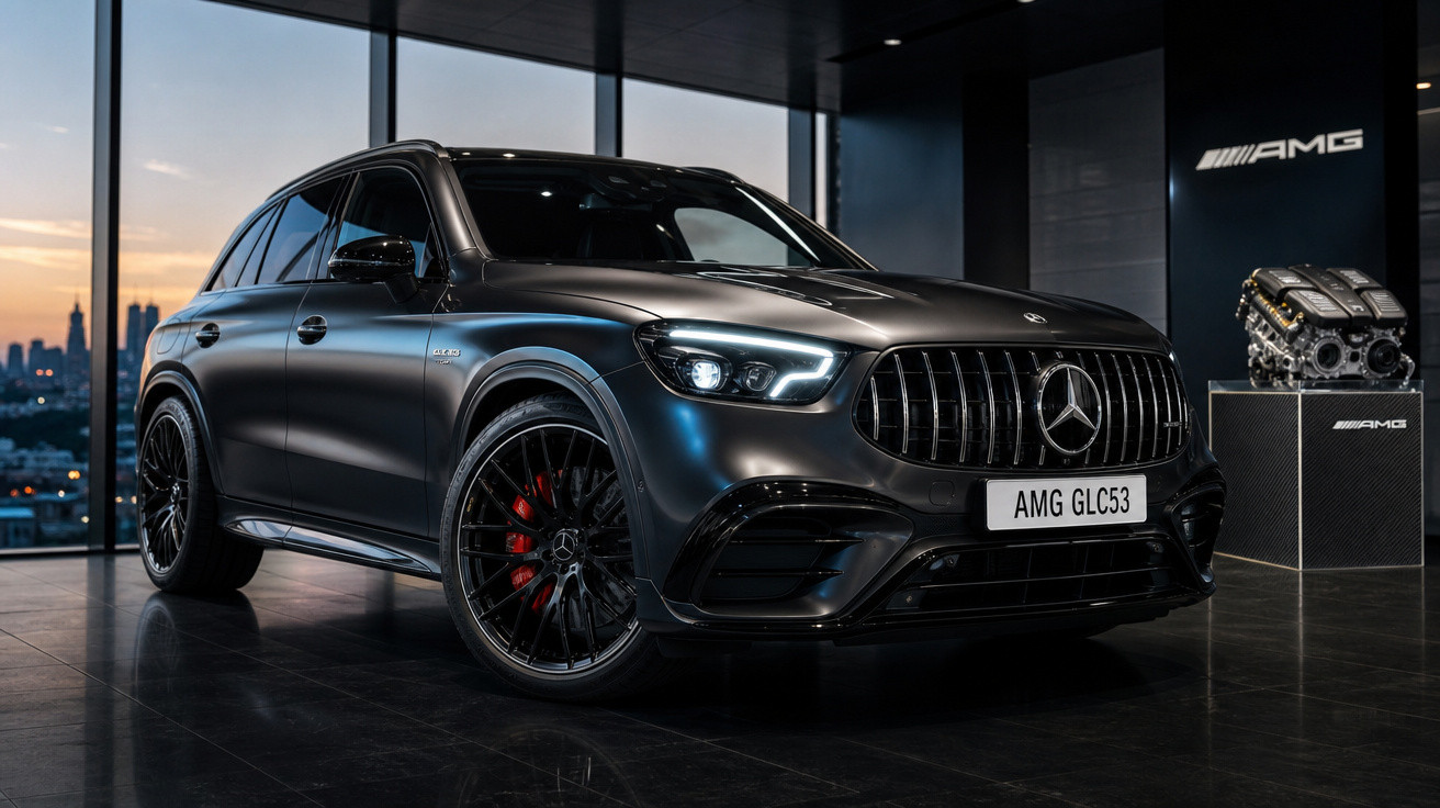 SUV esportivo Mercedes-AMG GLC53 preto exibido em showroom moderno com motor ao lado.