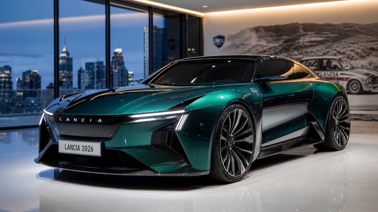 Carro esportivo elétrico Lancia 2026 verde metálico em exposição interna com cidade ao fundo.