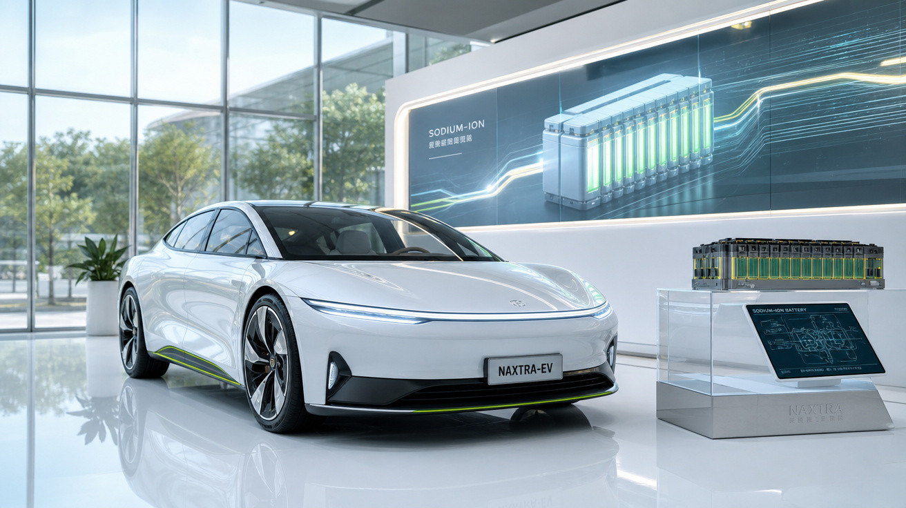 Carro elétrico branco exposto em showroom moderno com bateria de íon de sódio destacada à direita.