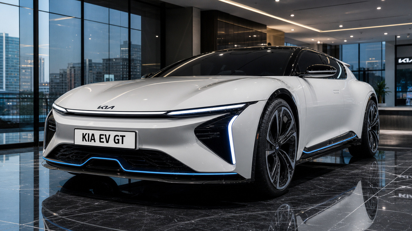 Carro esportivo elétrico Kia EV GT branco em showroom moderno com piso de mármore preto.