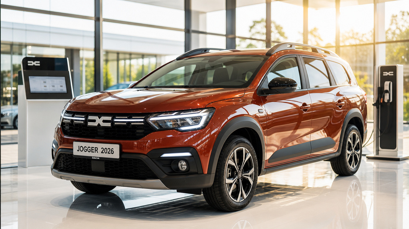 Carro SUV Dacia Jogger 2026 laranja exposto em showroom moderno com luz natural.
