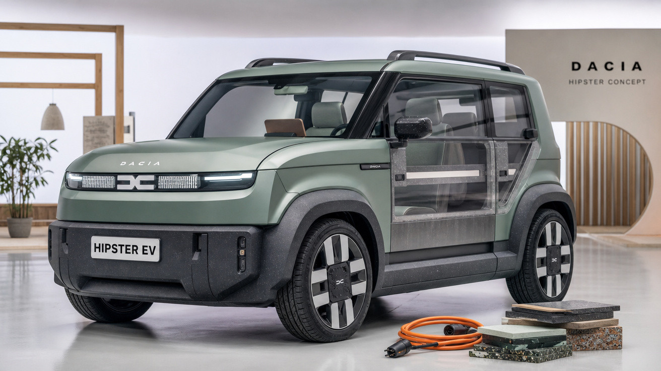 Carro elétrico Dacia Hipster EV cinza esverdeado em ambiente interno moderno, com bateria e amostras ao lado.