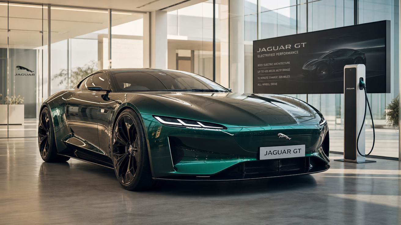 Carro esportivo elétrico Jaguar GT verde escuro em showroom moderno com carregador ao fundo.