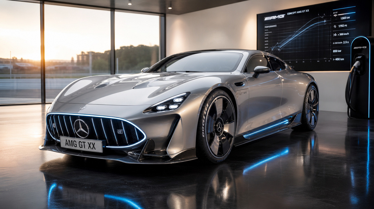 Carro esportivo Mercedes AMG GT XX prata em exposição interna com iluminação azul neon e painel de desempenho.
