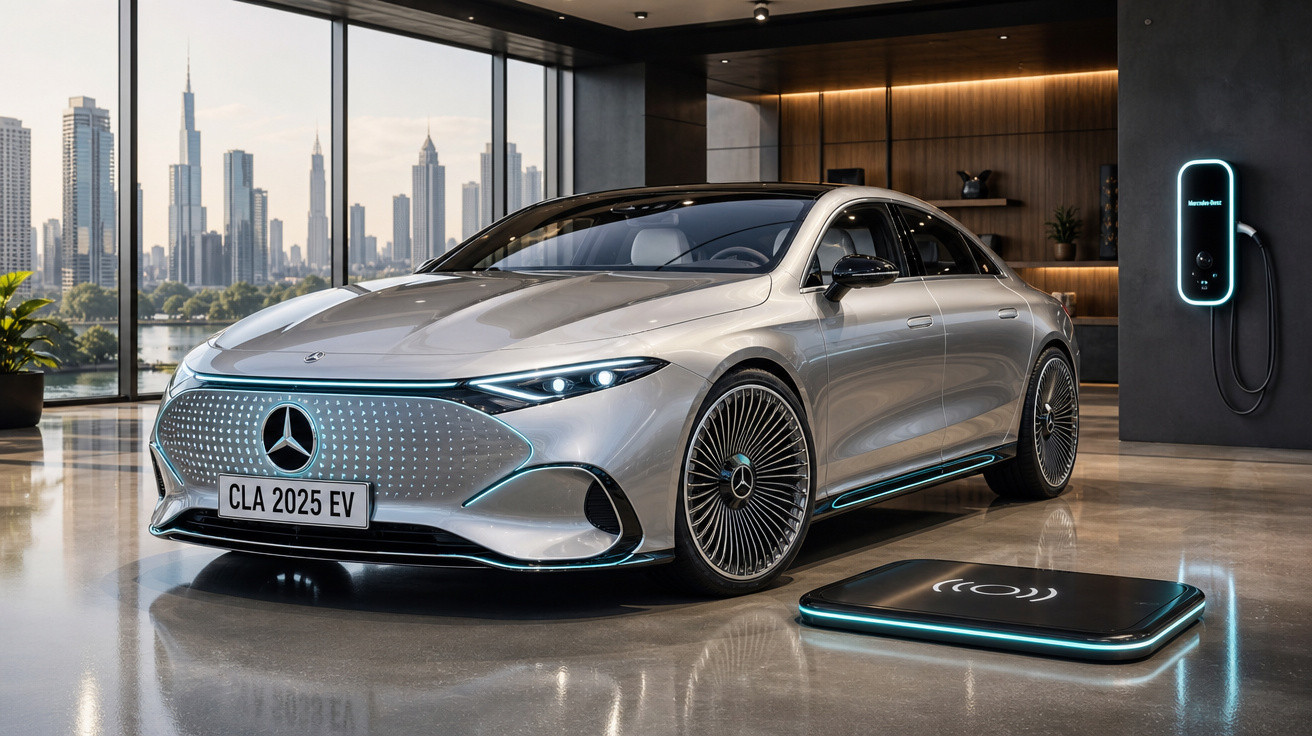Carro elétrico Mercedes-Benz CLA 2025 EV estacionado em garagem moderna com carregador sem fio e vista urbana.
