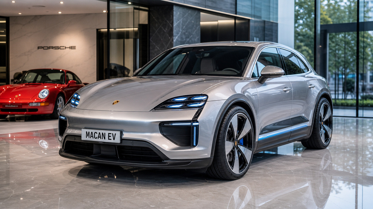 Carro elétrico Porsche Macan EV prata exibido em showroom moderno com veículo esportivo vermelho ao fundo.